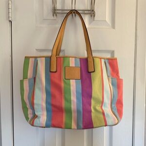 Vintage Coach Striped Canvas Tote Bag with Tan Handles